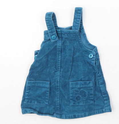 Dunnes Stores Girls Blue  Cotton Pinafore/Dungaree Dress  Size 6-9 Months  Square Neck Button