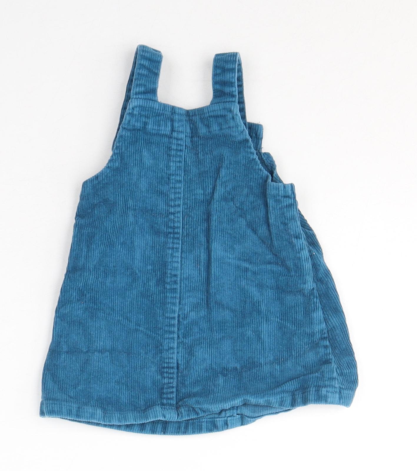 Dunnes Stores Girls Blue  Cotton Pinafore/Dungaree Dress  Size 6-9 Months  Square Neck Button