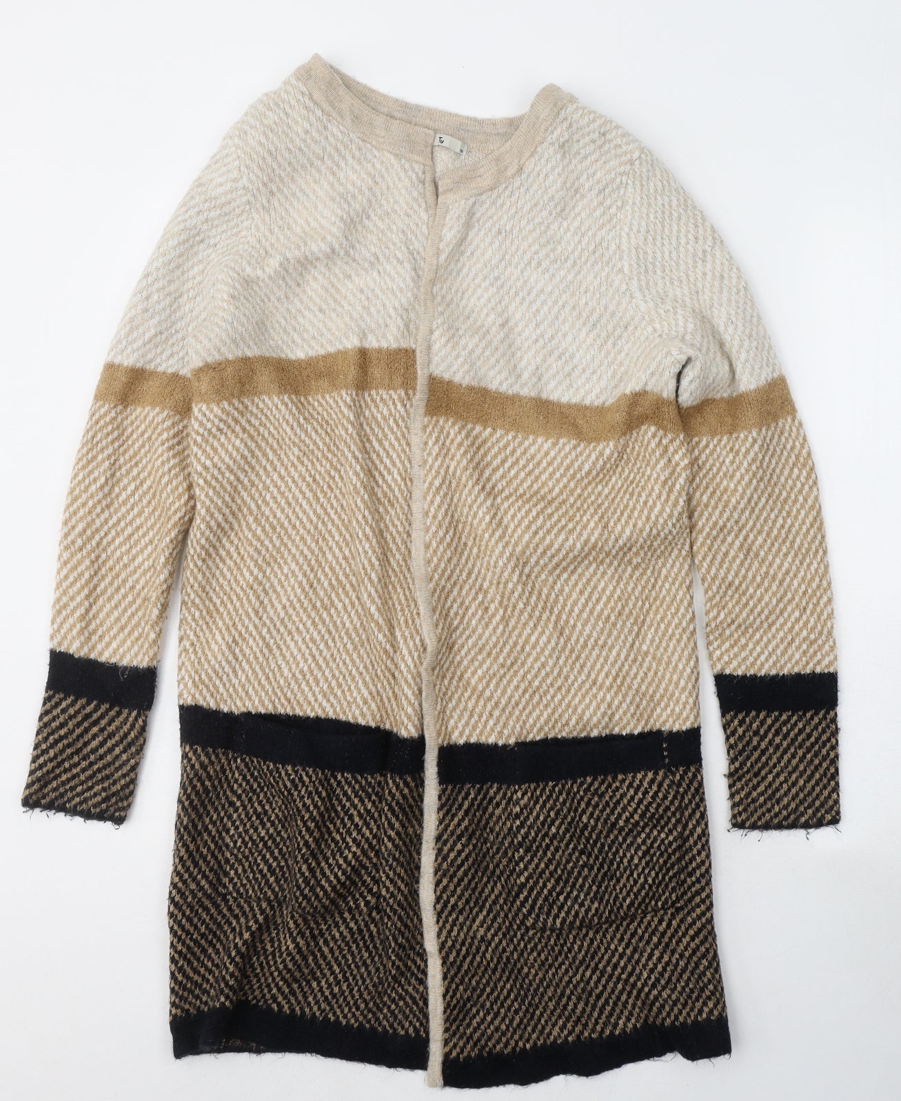 TU Womens Beige V-Neck Geometric Acrylic Cape Jumper Size 10