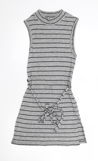 Red Herring  Womens Grey Striped Viscose Tank Dress  Size 12  High Neck Pullover