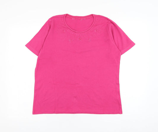 EWM Womens Pink  Cotton Basic T-Shirt Size L Round Neck - Flower