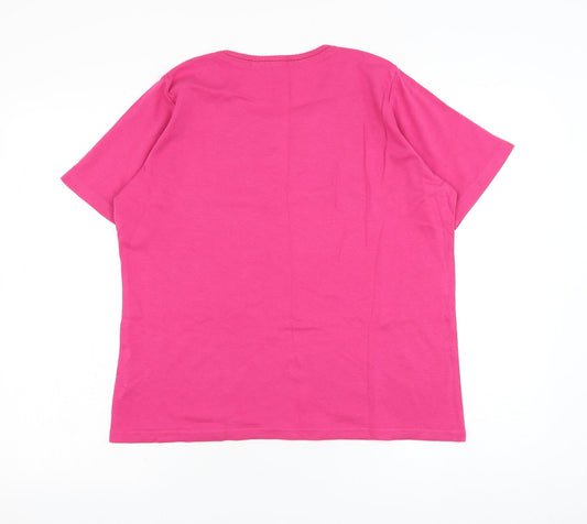 EWM Womens Pink  Cotton Basic T-Shirt Size L Round Neck - Flower