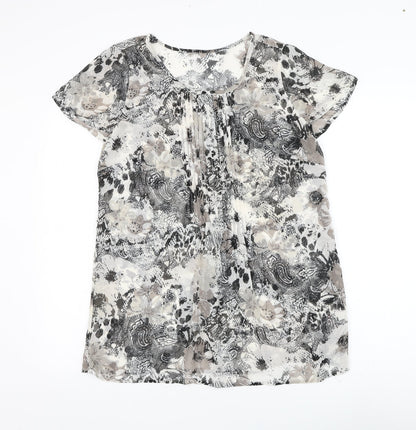 Preworn Womens White Floral Polyester Basic Blouse Size 14 Round Neck
