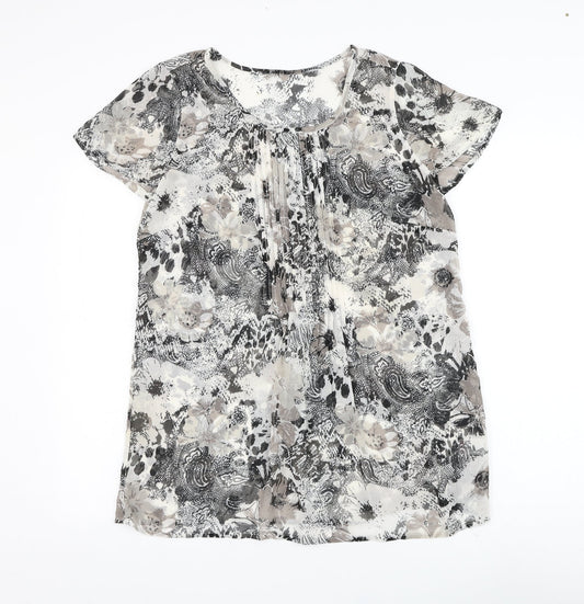 Preworn Womens White Floral Polyester Basic Blouse Size 14 Round Neck