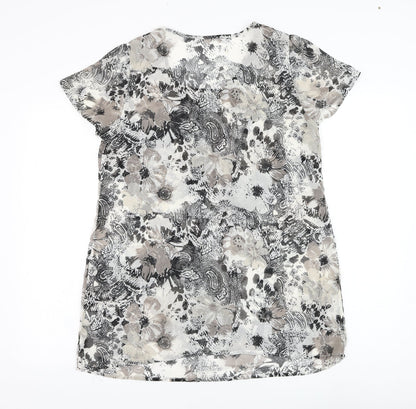 Preworn Womens White Floral Polyester Basic Blouse Size 14 Round Neck