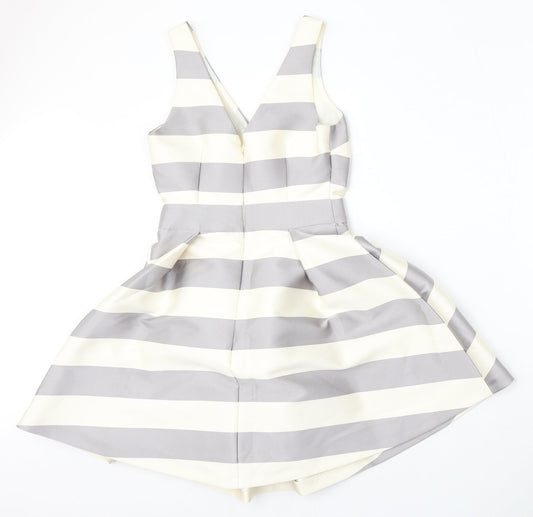 Topshop Womens Beige Striped Polyester Skater Dress  Size 6  V-Neck
