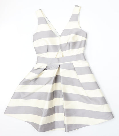 Topshop Womens Beige Striped Polyester Skater Dress  Size 6  V-Neck
