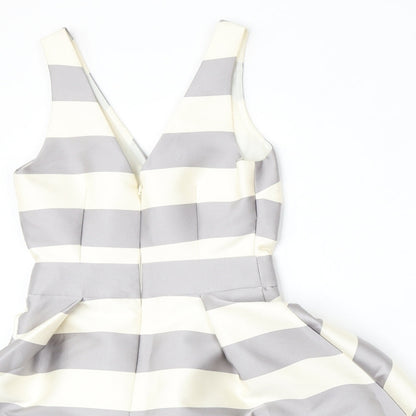 Topshop Womens Beige Striped Polyester Skater Dress  Size 6  V-Neck