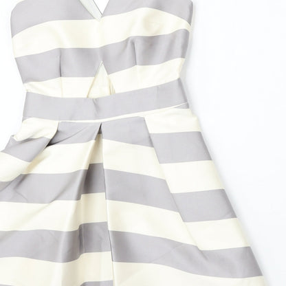 Topshop Womens Beige Striped Polyester Skater Dress  Size 6  V-Neck