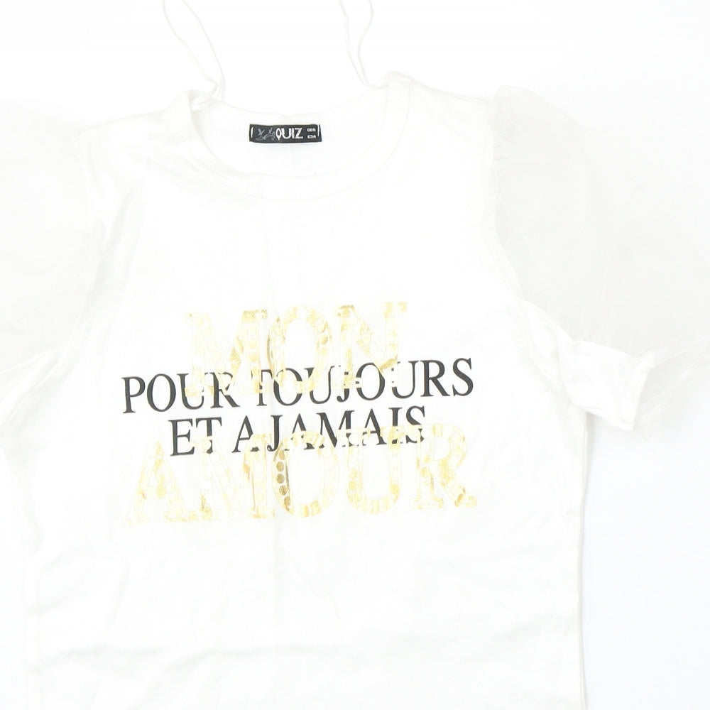Quiz Womens White  Cotton Basic T-Shirt Size 6 Round Neck