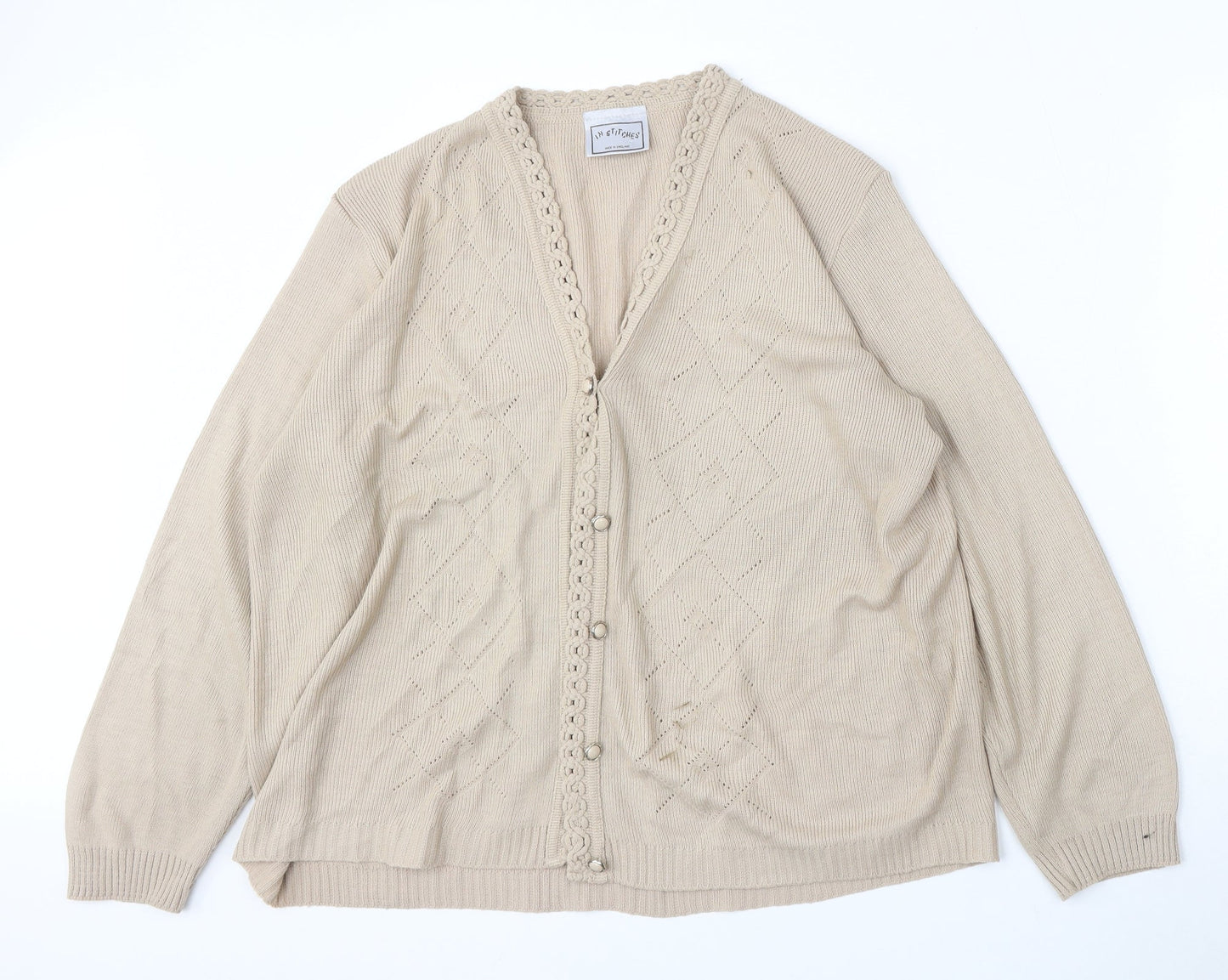 In Stitches Womens Beige V-Neck  Acrylic Cardigan Jumper Size M