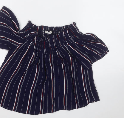 Pull&Bear Womens Blue Striped Viscose Basic Blouse Size S Round Neck