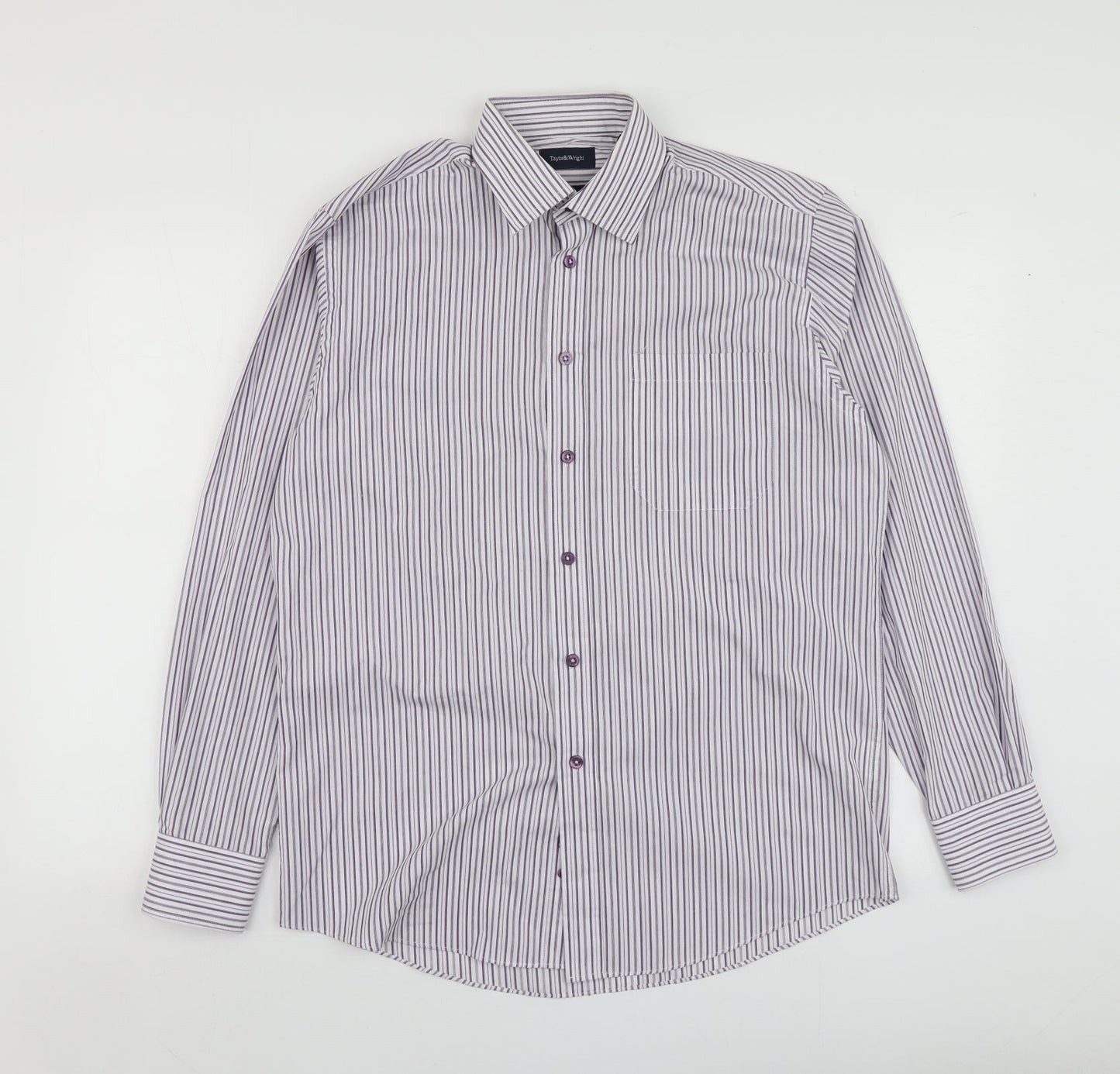 Taylor & Wright Mens Purple Striped Polyester  Button-Up Size 15 Collared