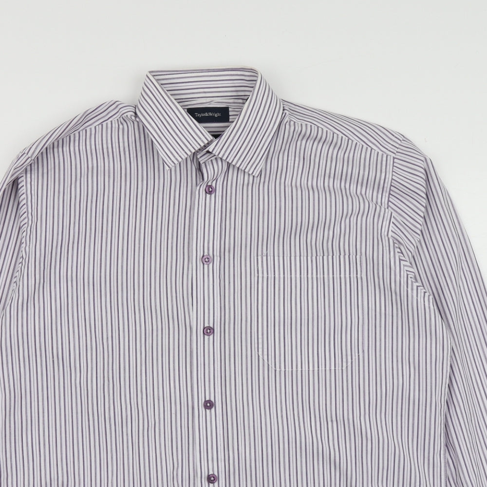 Taylor & Wright Mens Purple Striped Polyester  Button-Up Size 15 Collared