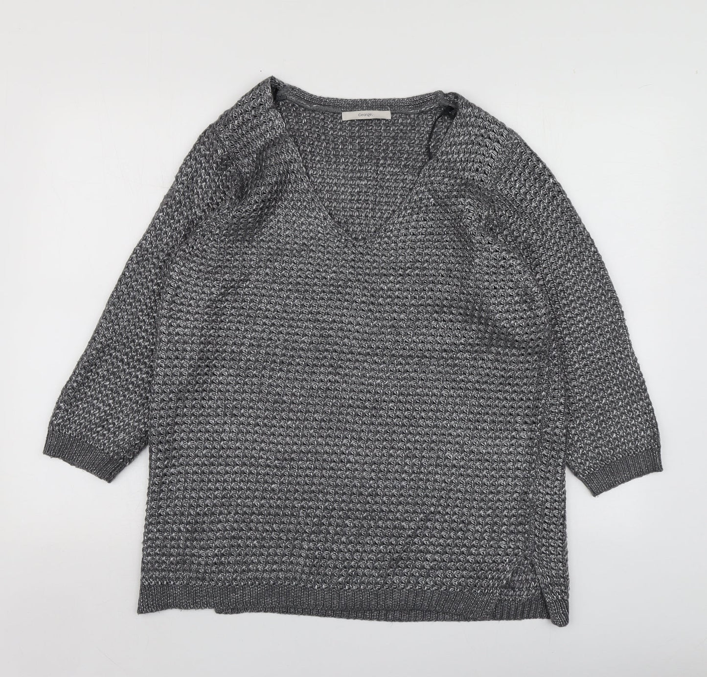 George Womens Silver V-Neck  Polyester Pullover Jumper Size L