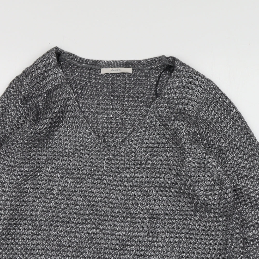George Womens Silver V-Neck  Polyester Pullover Jumper Size L
