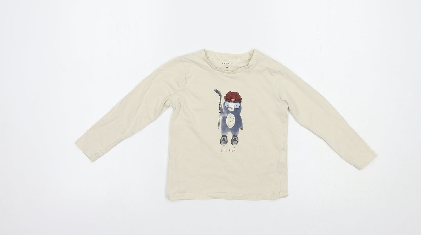 name it Boys Beige  Cotton Pullover T-Shirt Size 2-3 Years Crew Neck Pullover - Bear