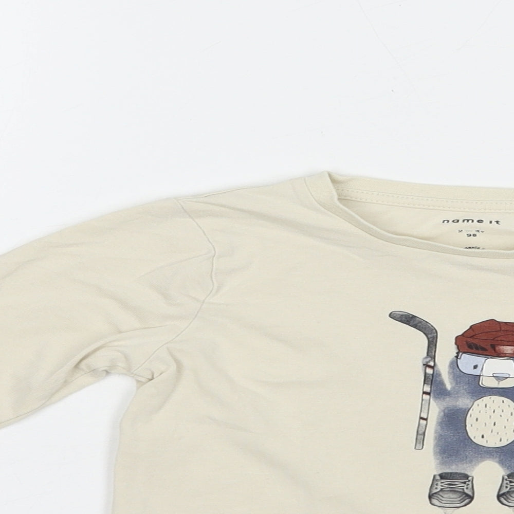 name it Boys Beige  Cotton Pullover T-Shirt Size 2-3 Years Crew Neck Pullover - Bear