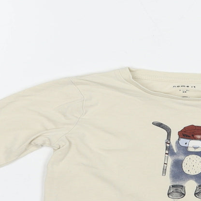 name it Boys Beige  Cotton Pullover T-Shirt Size 2-3 Years Crew Neck Pullover - Bear