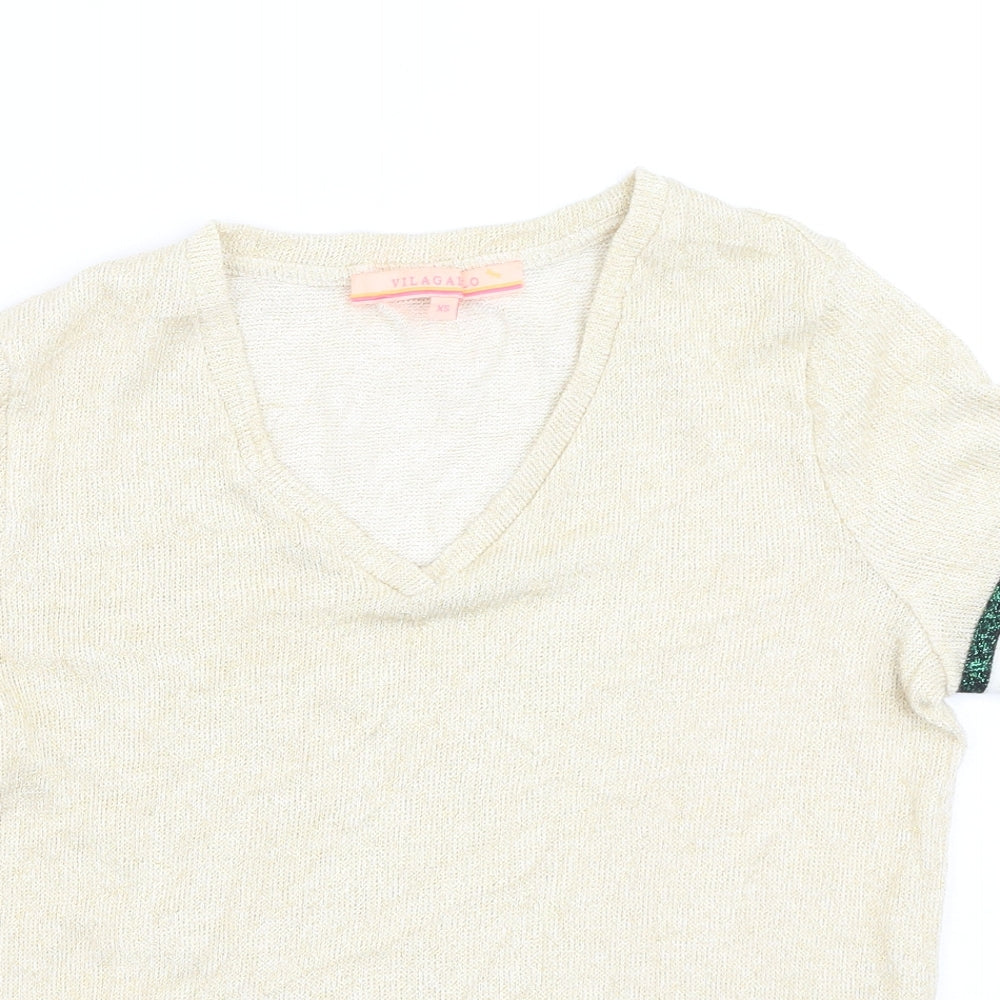 vilagalo Womens Gold  Viscose Basic T-Shirt Size XS V-Neck
