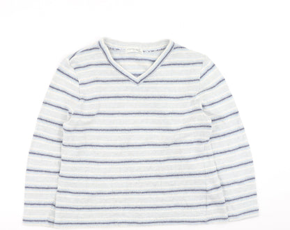 David Nieper Mens Blue V-Neck Striped Cotton Pullover Jumper Size S