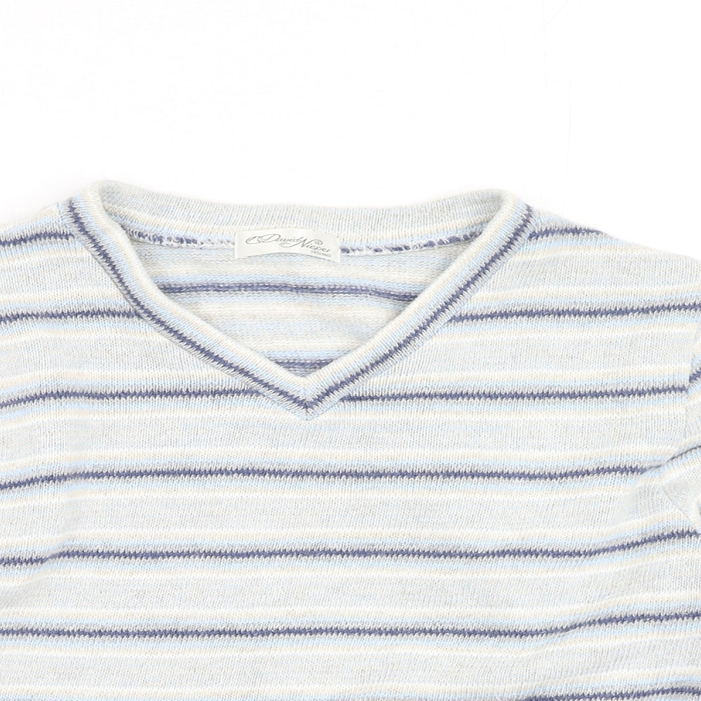 David Nieper Mens Blue V-Neck Striped Cotton Pullover Jumper Size S