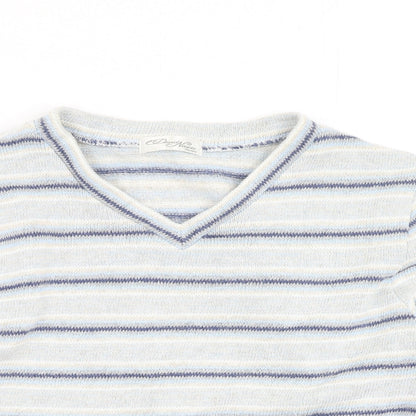 David Nieper Mens Blue V-Neck Striped Cotton Pullover Jumper Size S