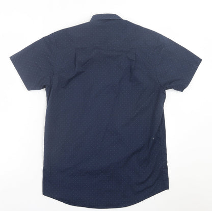 Primark Mens Blue Polka Dot Polyester  Button-Up Size S Collared Button
