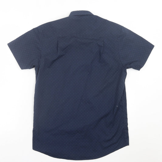Primark Mens Blue Polka Dot Polyester  Button-Up Size S Collared Button