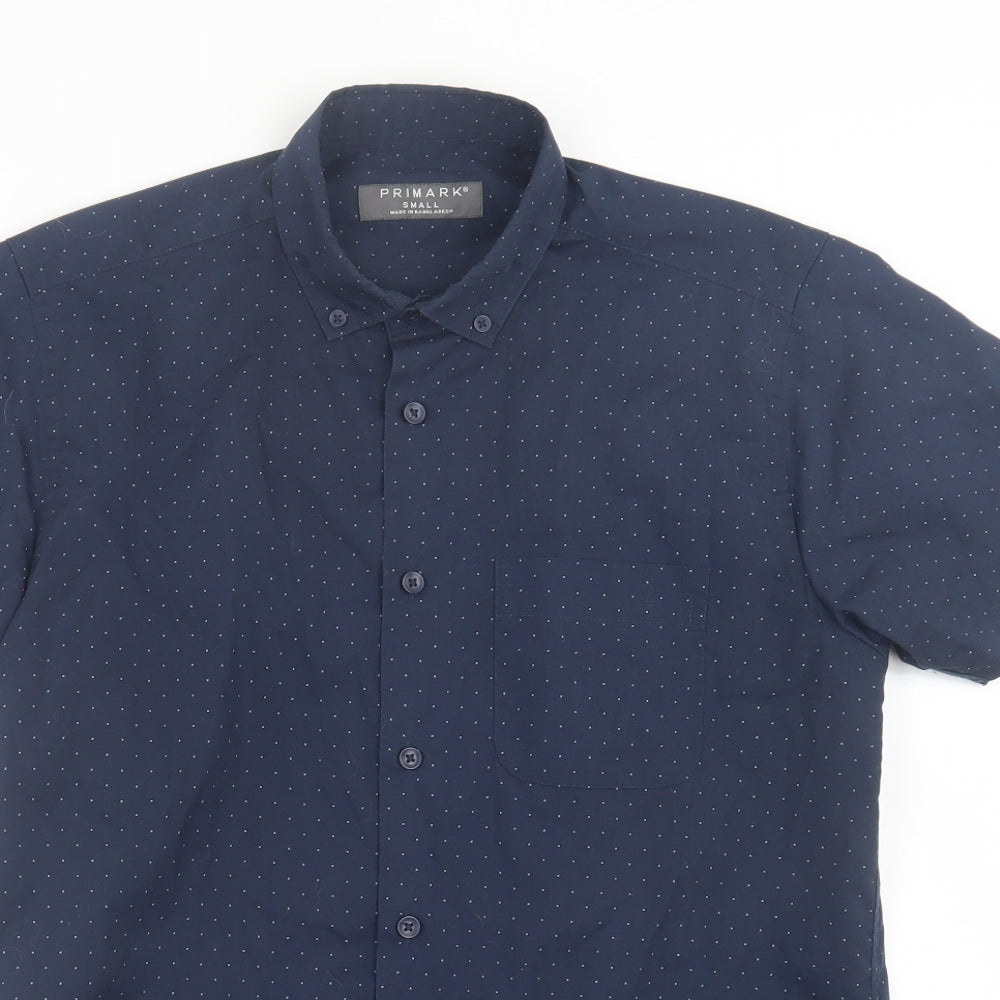 Primark Mens Blue Polka Dot Polyester  Button-Up Size S Collared Button