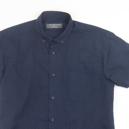 Primark Mens Blue Polka Dot Polyester  Button-Up Size S Collared Button