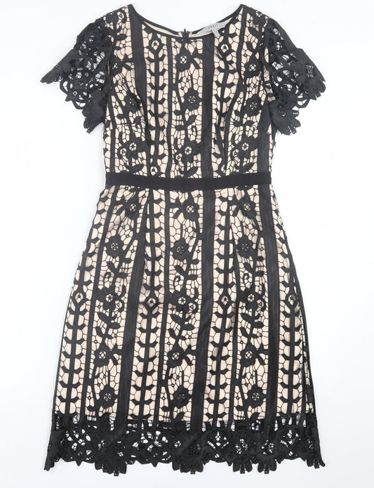 Coast Womens Black Geometric Polyester A-Line  Size 6  Crew Neck Zip