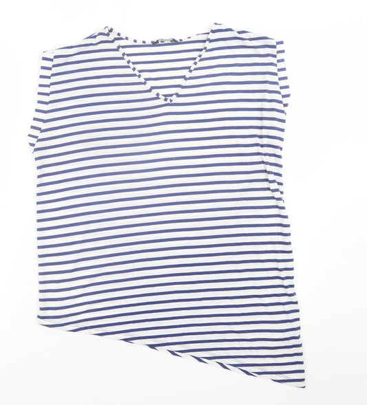 F&F Womens Blue Striped Polyester Basic T-Shirt Size 12 V-Neck