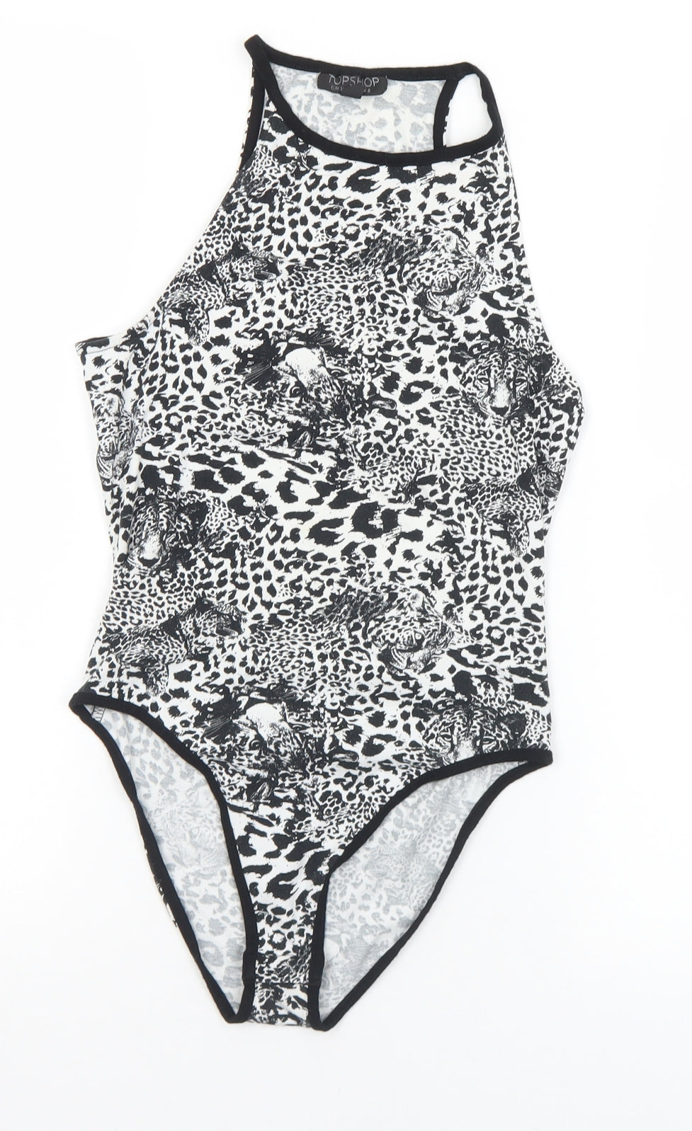 Topshop Womens Black Animal Print Polyester Bodysuit One-Piece Size 8  Snap