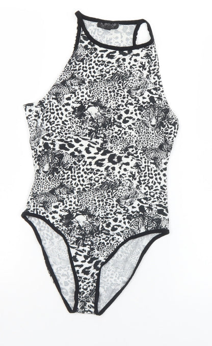 Topshop Womens Black Animal Print Polyester Bodysuit One-Piece Size 8  Snap