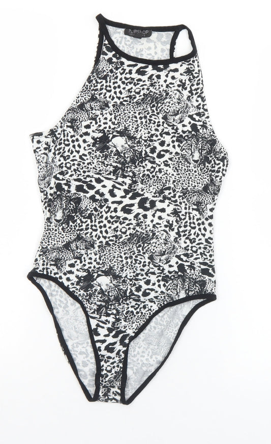 Topshop Womens Black Animal Print Polyester Bodysuit One-Piece Size 8  Snap