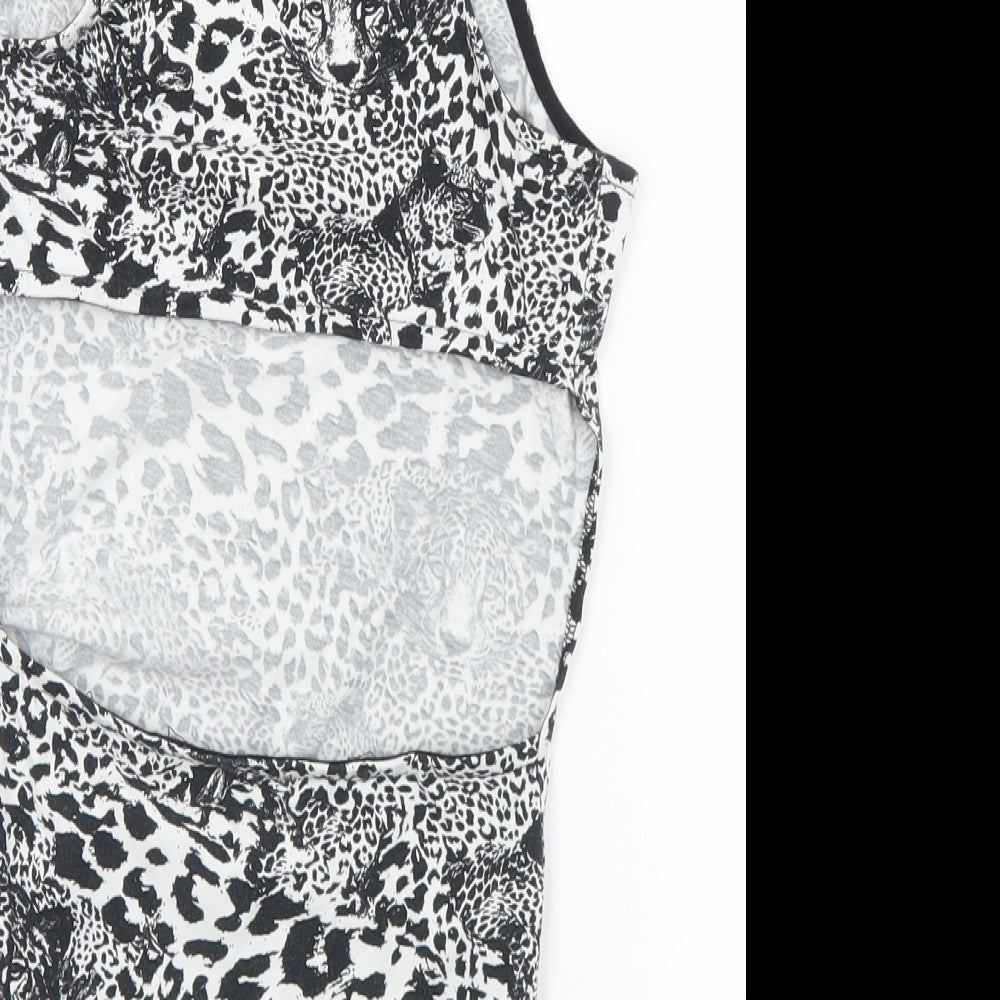 Topshop Womens Black Animal Print Polyester Bodysuit One-Piece Size 8  Snap