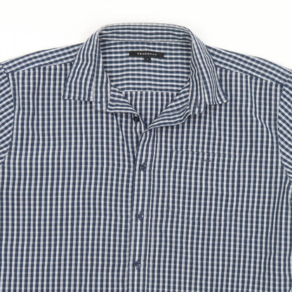 Peacocks  Mens Blue Check Polyester  Button-Up Size L Collared Button