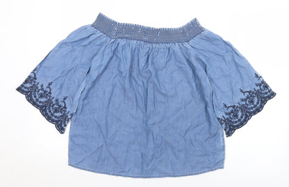 F&F Womens Blue Floral Lyocell Basic T-Shirt Size 6 Off the Shoulder