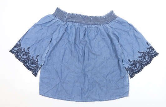 F&F Womens Blue Floral Lyocell Basic T-Shirt Size 6 Off the Shoulder