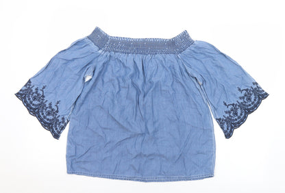 F&F Womens Blue Floral Lyocell Basic T-Shirt Size 6 Off the Shoulder