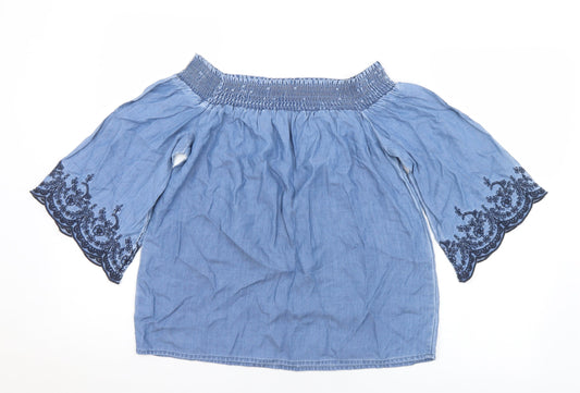 F&F Womens Blue Floral Lyocell Basic T-Shirt Size 6 Off the Shoulder