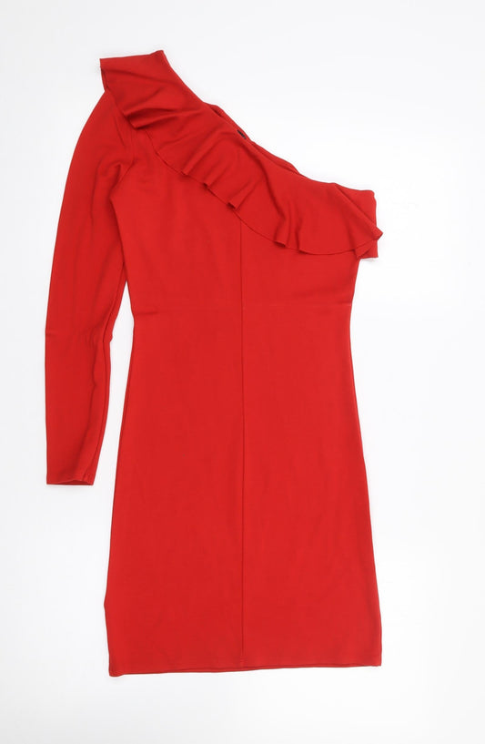 H&M  Womens Red  Viscose Bodycon  Size 10  One Shoulder Pullover