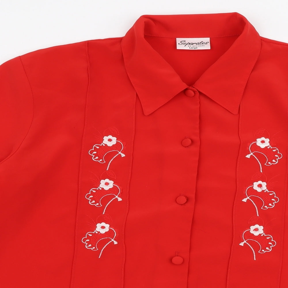 Seperates Mens Red Floral Polyester  Button-Up Size L Collared Button