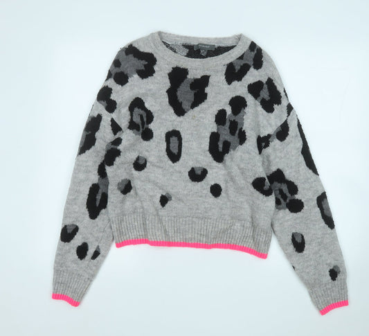 Primark Womens Grey Round Neck Animal Print Acrylic Pullover Jumper Size 6