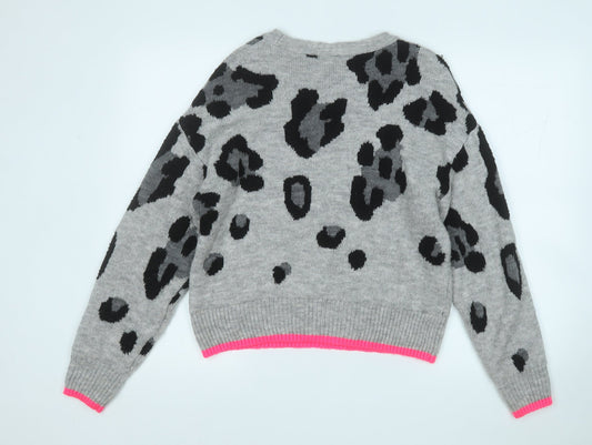 Primark Womens Grey Round Neck Animal Print Acrylic Pullover Jumper Size 6