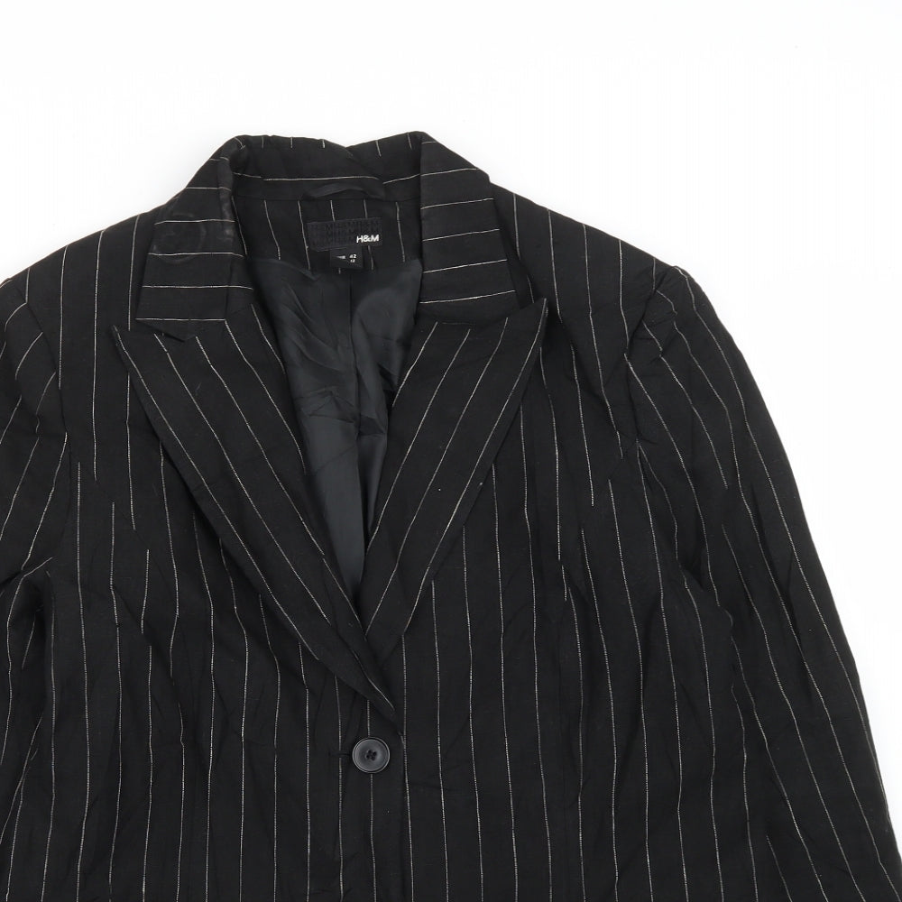 H&M Womens Black Striped Linen Jacket Suit Jacket Size 14