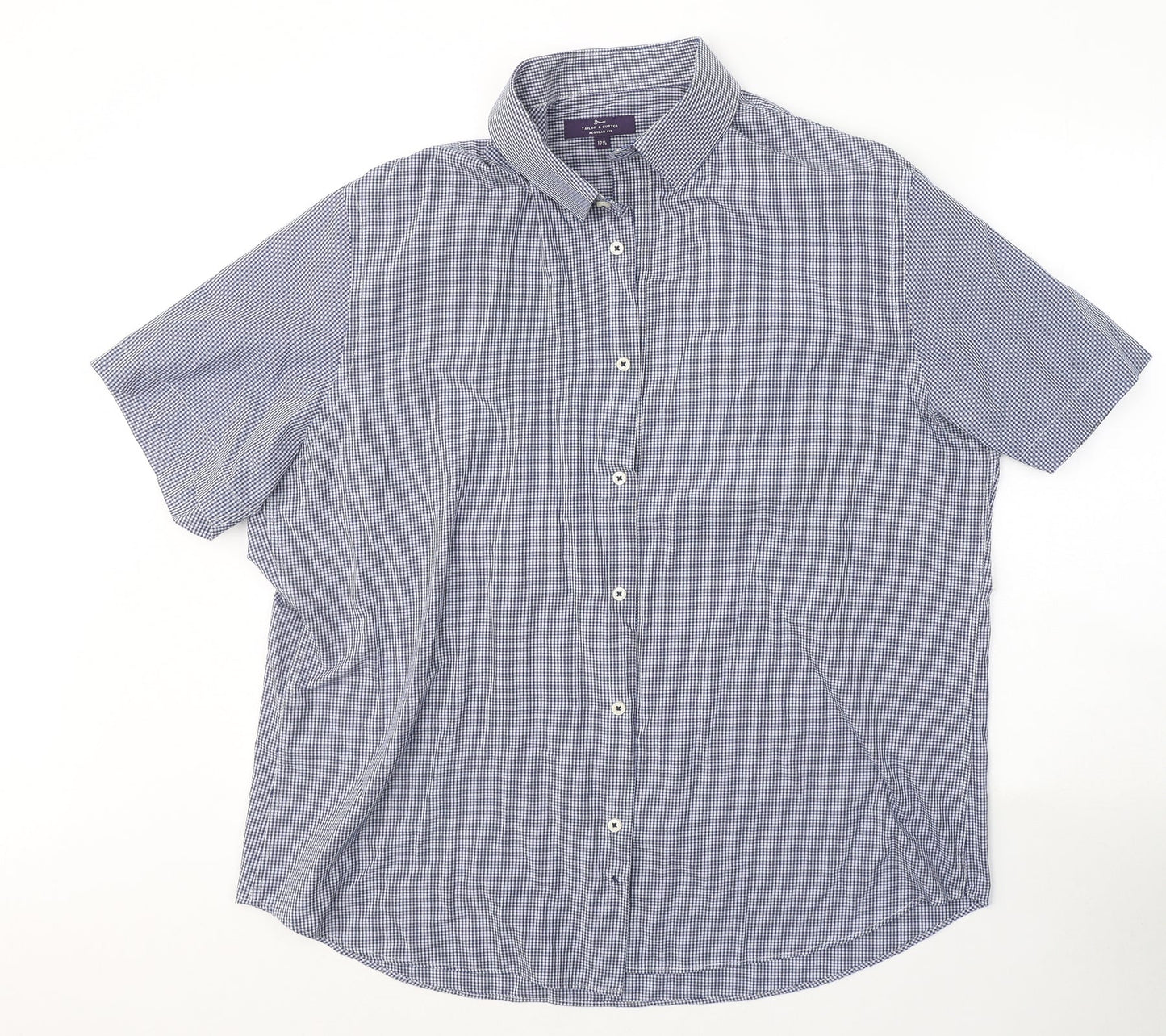 George Mens Blue Check Polyester  Button-Up Size 34 Collared Button