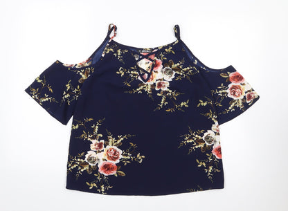 SheIn Womens Blue Floral Polyester Jersey Blouse Size M Square Neck