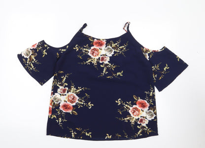 SheIn Womens Blue Floral Polyester Jersey Blouse Size M Square Neck